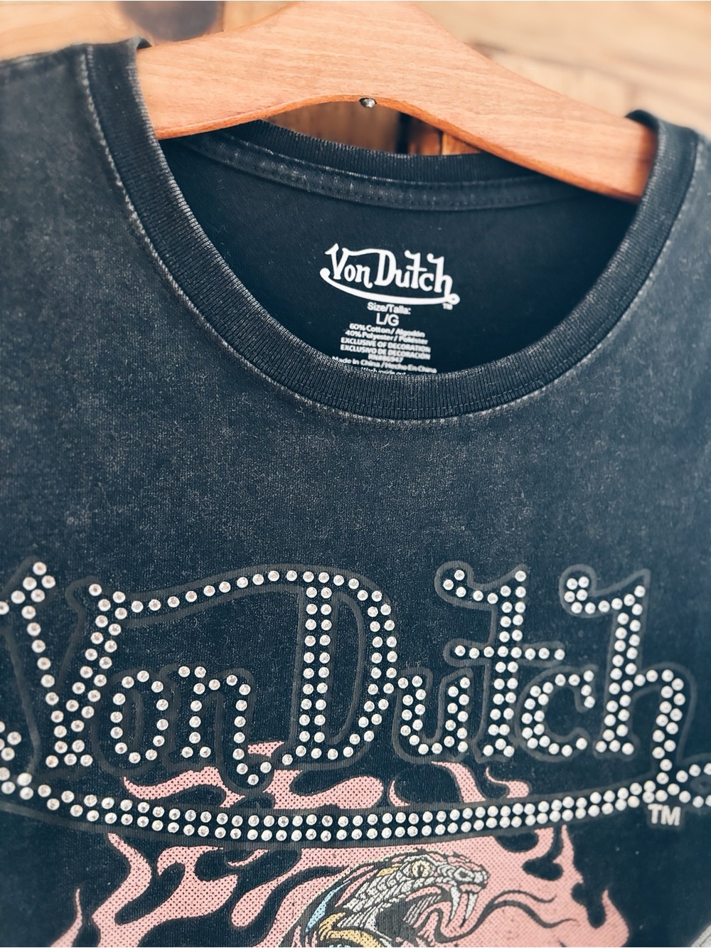 Von Dutch Rhinestone Tiger Snake Graphic Tee Mineral Wash Black Pink Size L - Picture 5 of 8